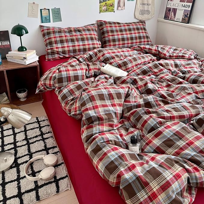 mixinni Vintage Red & Brown Buffalo Plaid Duvet Cover Set Queen Size - Image 5