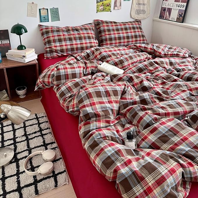 mixinni Vintage Red & Brown Buffalo Plaid Duvet Cover Set Twin XL Size - Image 5