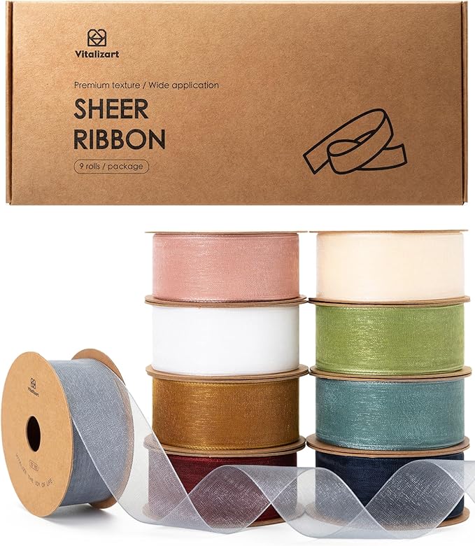 Vitalizart 1" x 90Yd Organza Ribbon Mixed Color Sheer Ribbons Set 10 Yd x 9 by Vitalizart