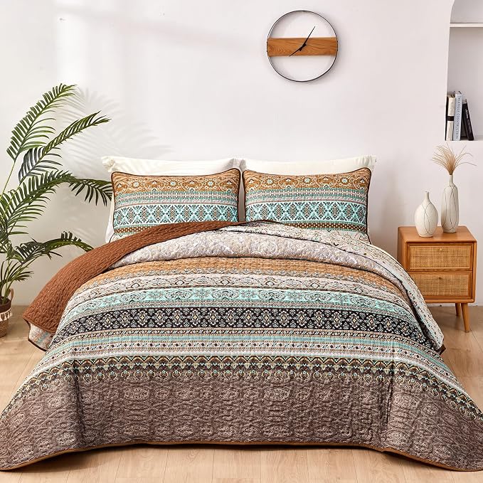 WONGS BEDDING Boho Fall Quilt Set California King, Lightweight Microfiber Bed by WONGSBEDDING