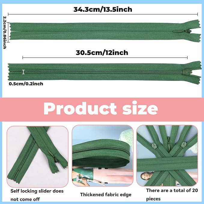 YAKA 20pcs Green Nylon Invisible Zippers Tailor Sewing Tools Garment - Image 2