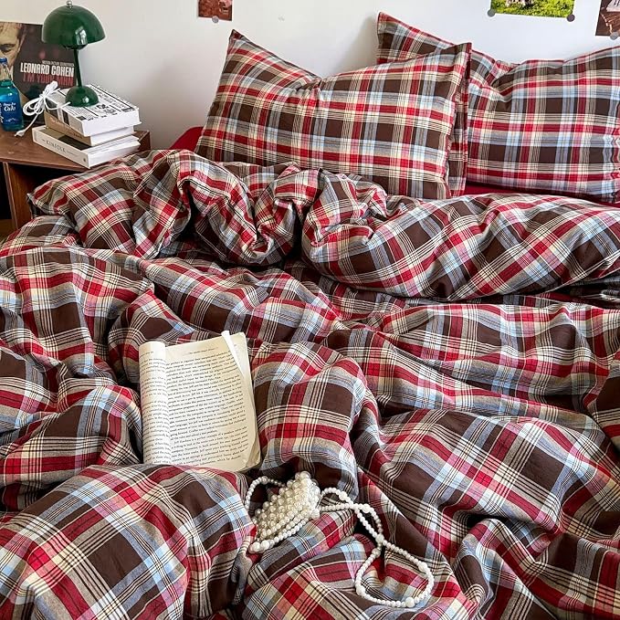 mixinni Vintage Red & Brown Buffalo Plaid Duvet Cover Set Queen Size - Image 4