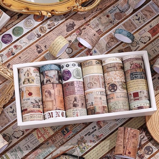 34 Rolls Vintage Washi Tape Set, Letter Map Stamp Stripe Literature Art - Image 5