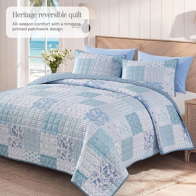 BLOOMHAVEN Quilt Set Twin Size, Patchwork Sea Blue Floral Quilt Sets, - Image 2