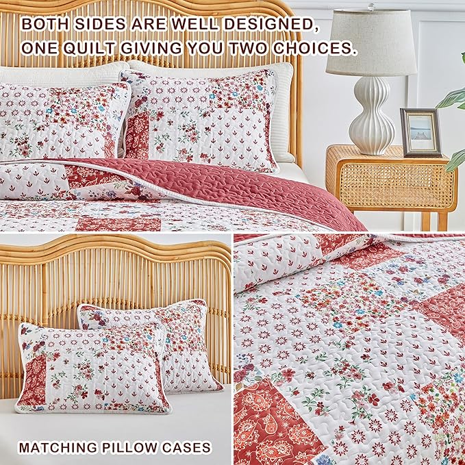 Joyreap 3 Pieces Floral Patchwork Quilt Set Twin, Burgundy Red n White Flowers - Image 6