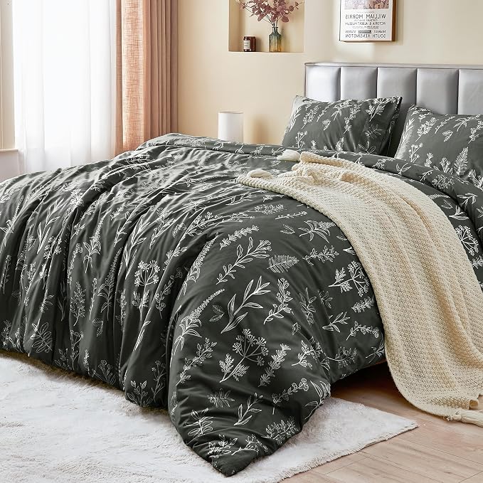 MUXHOMO Duvet Cover Full Size, Reversible Floral Dark Grey Duvet Cover Set - Image 2