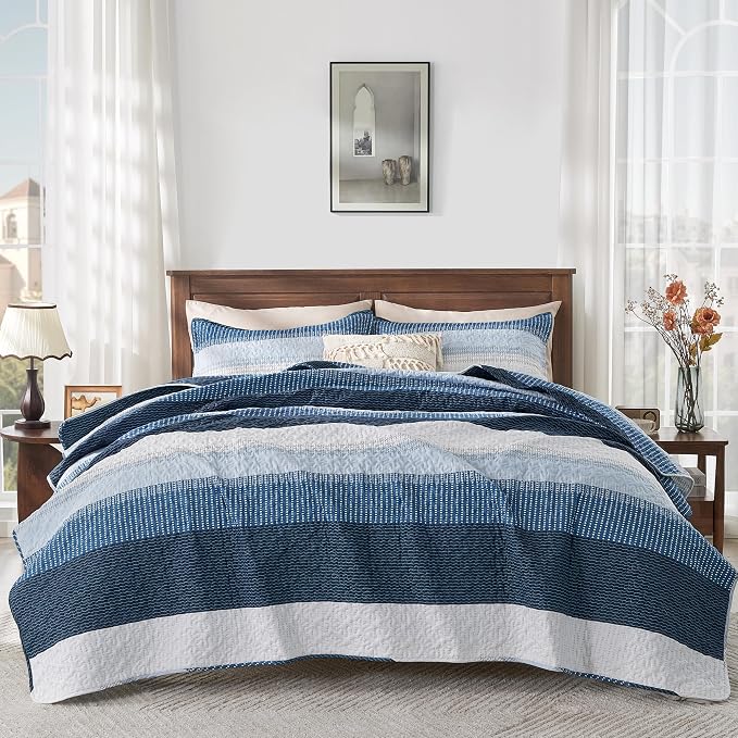 Andency Navy Blue Striped Quilt Queen, 3 Pieces Patchwork Bedspread Coverlet Set - Image 5