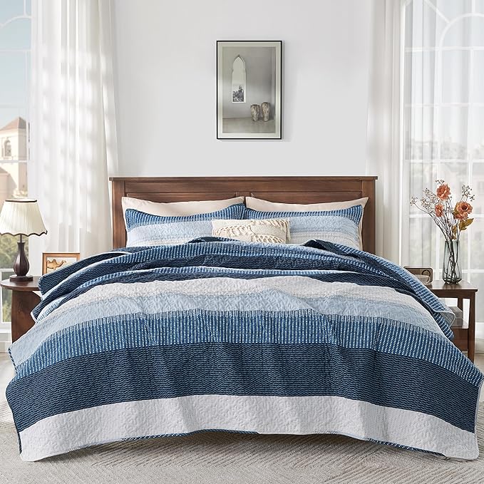 Andency Navy Blue Striped Quilt Set Cal King, 3 Pieces Patchwork Bedspread - Image 5