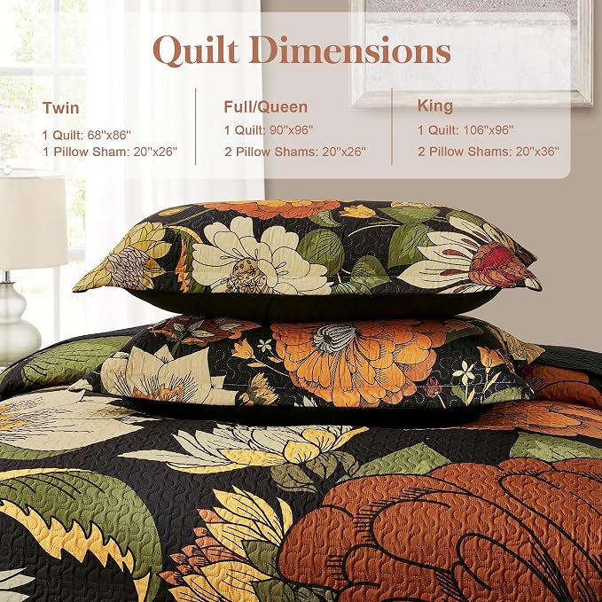 Tyrot 3 Piece Black Boho Floral Californial King Size Quilt Sets Reversible - Image 6