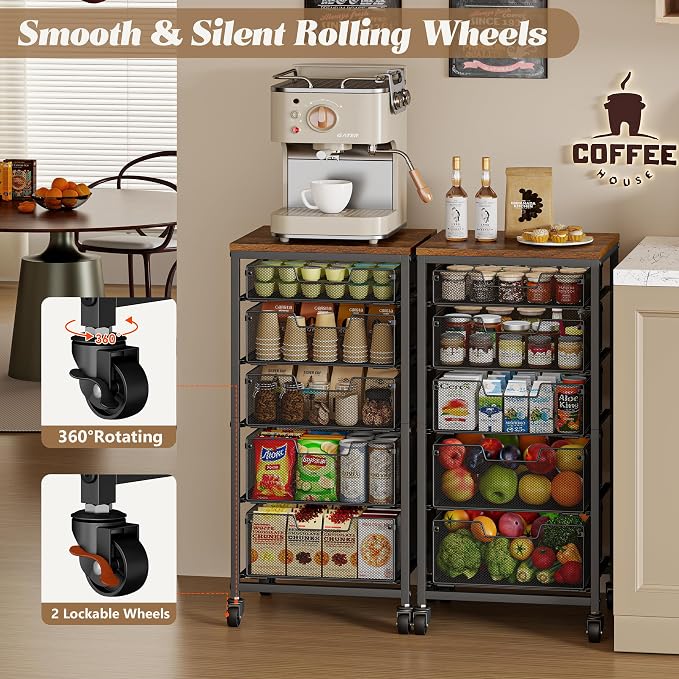 Rolling Cart with Drawers, 5-Drawer Storage Cart on Wheels with Vintage Wooden - Image 6