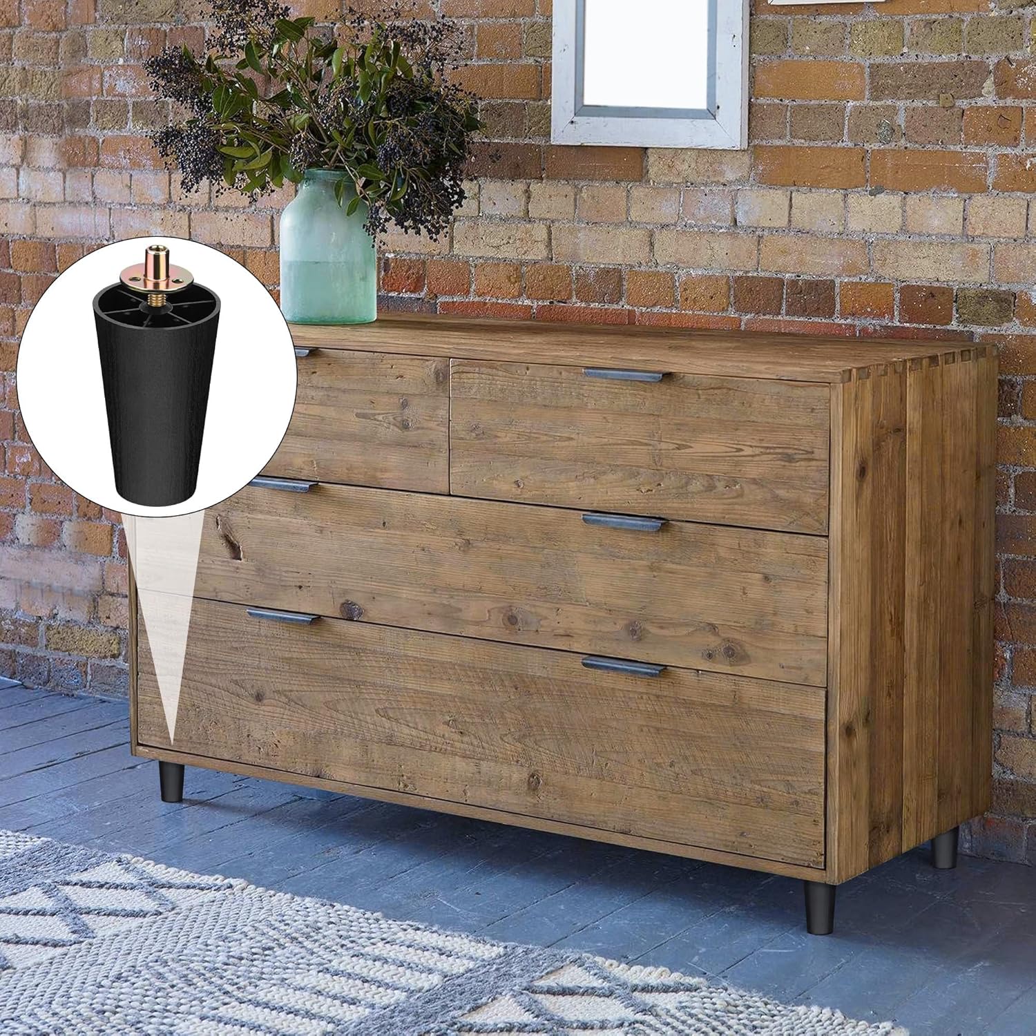 TURSTIN 8 Pack 4 Inch Plastic Furniture Legs with M8 T-Nuts Screws Tapered Sofa Couch and Chair Legs Replacement Furniture Legs for DIY Projects Sofas Coffee Tables Dressers Beds