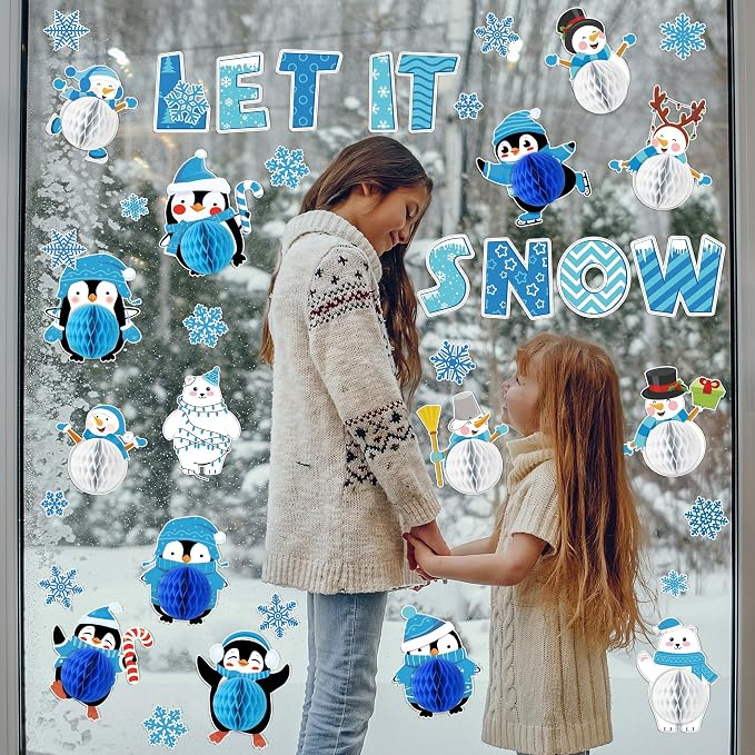 Naozinebi 53PCS 3D Winter Honeycomb Bulletin Board Snowflake Penguin Bulletin - Image 7