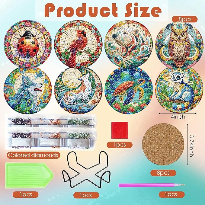 ijbnhd 8 PCS Animals Diamond Art Coasters Kit | Animals Diamond Painting - Image 3