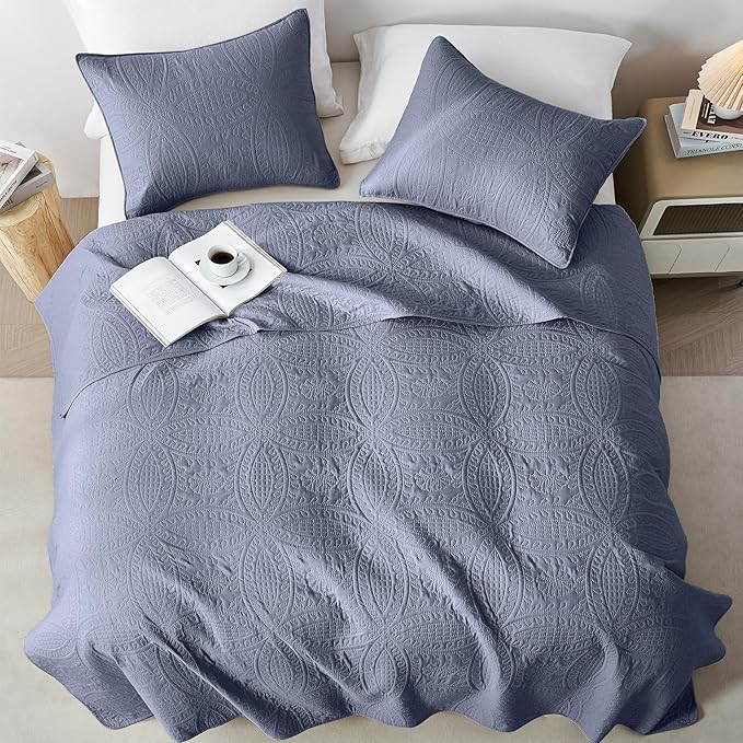 akkialla King Size Quilt Set, Bluish Grey Ultrasonic Bedspread, Lightweight - Image 4