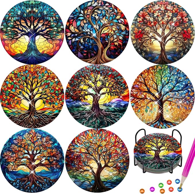 TDOOW Diamond Art Painting Coasters 8 Pcs Colorful Tree Diamond Art Coasters by TDOOW