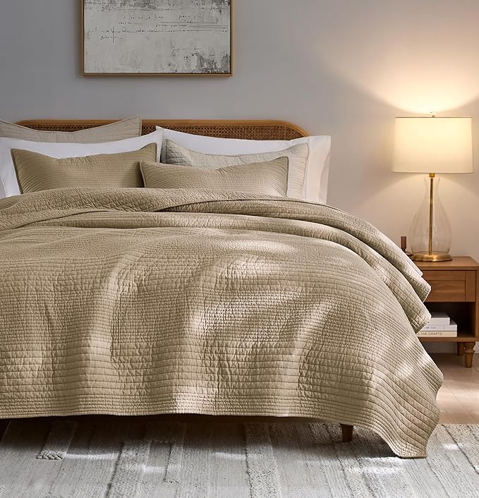 palassio Striped Dark Beige 100% Cotton Quilt Queen Size Bedding Sets, by PALASSIO