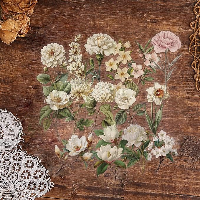 50pcs White Flower Scrapbook Stickers – Vintage Botanical Clear Floral - Image 5