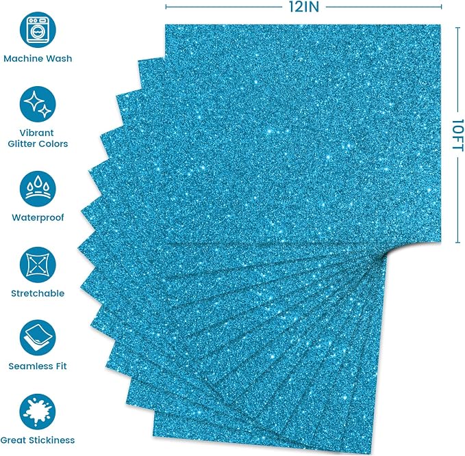 Glitter HTV Heat Transfer Vinyl, Light Blue 12pcs 12" x 10" Iron-on Vinyl | - Image 2
