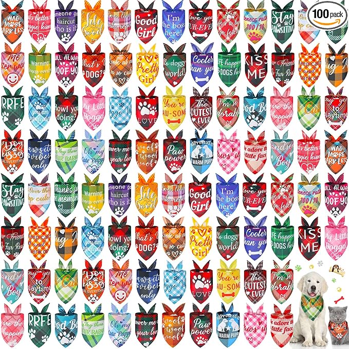 Sweetude 100 Pcs Plaid Dog Bandanas Bulk Paw Print Dog Scarf Bibs Puppy Pet by Sweetude