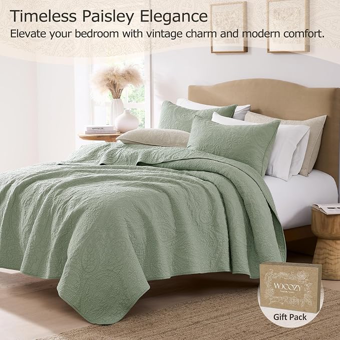palassio Sage Green Paisley 100% Cotton Quilt Twin Size Bedding Sets - Image 2