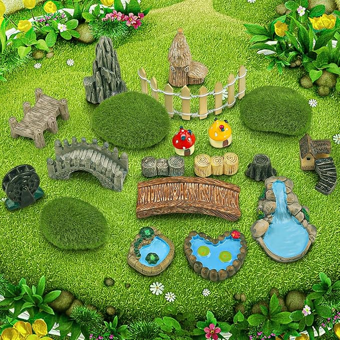 QUOZUO 21 Pcs Fairy Garden Miniatures Accessories Bridge House Landscape Water - Image 5