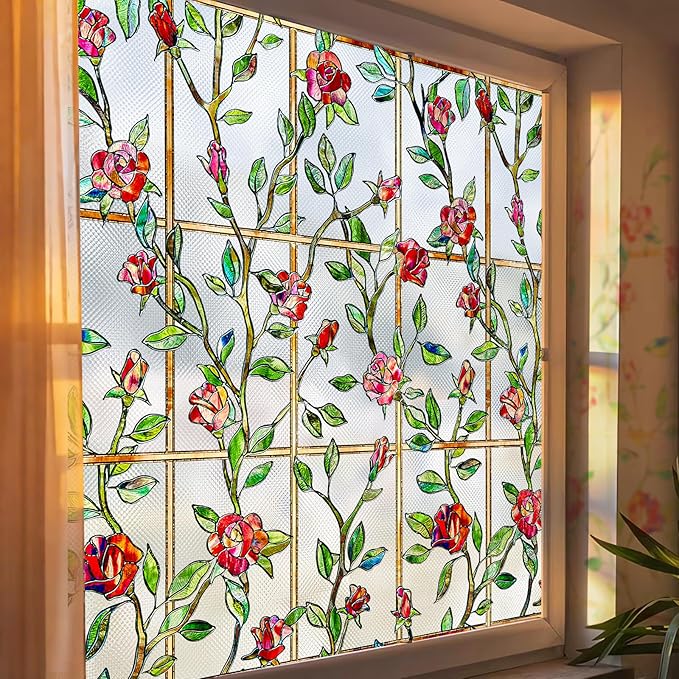 Windimiley Stained Glass Window Film, 3D Rose Floral Decorative Window Covering by WindimileyDecor