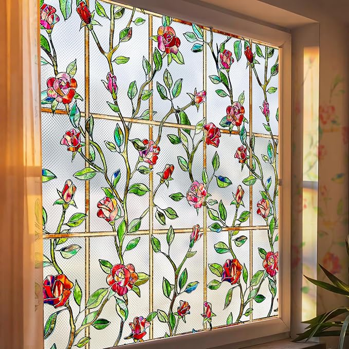 Windimiley Stained Glass Window Film, 3D Rose Floral Decorative Window Covering by WindimileyDecor