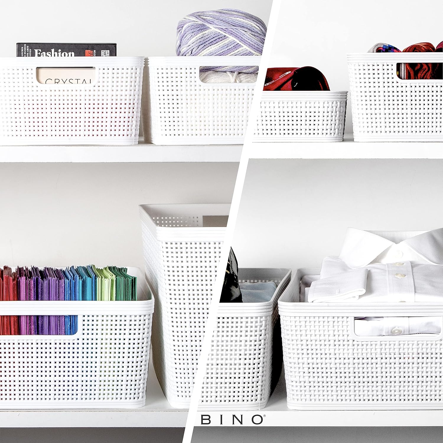 BINO | Woven Plastic Basket | Medium (White), 4-Pack | THE JUTE COLLECTION | Home Organization, Space - Saving Storage, Stylish Design | Jute Basket | Plastic Storage Basket