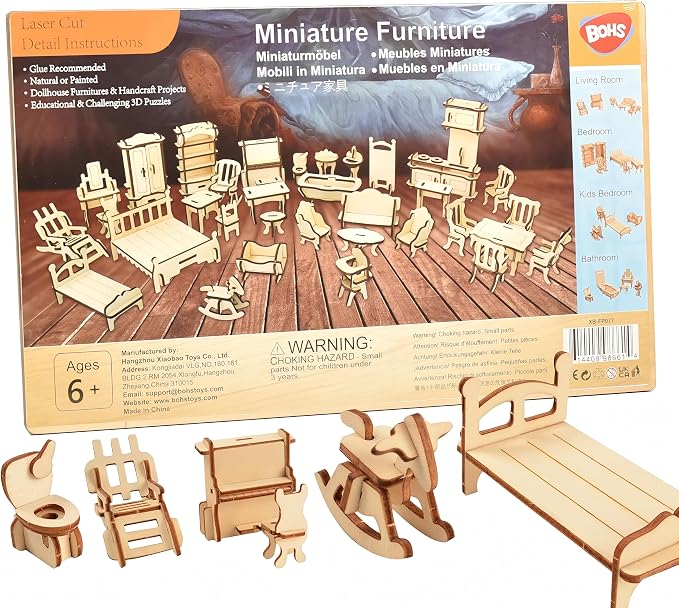 BOHS 34-Piece Dollhouse Furniture Set -1/24 Scale, Laser Cut Wooden 3D Puzzles by BOHS