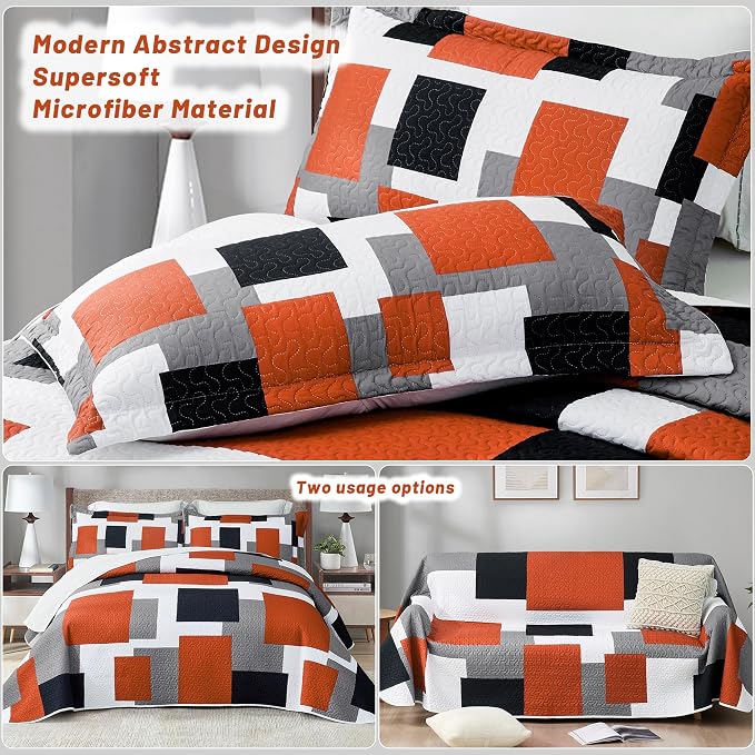 Tyrot 3 Piece Orange Grey Quilt Set Full/Queen Size Black White Gray Geometric - Image 3