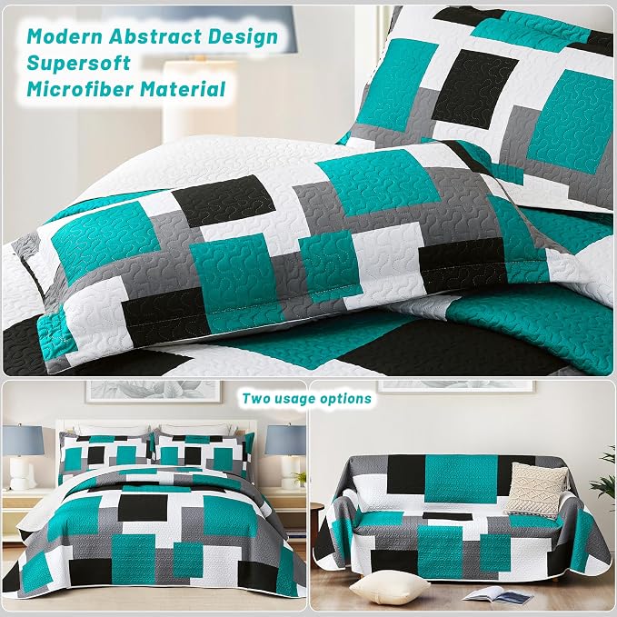 Tyrot 3 Piece Teal/Turquoise Quilt Set Full/Queen Size Black Grey Geometric - Image 3