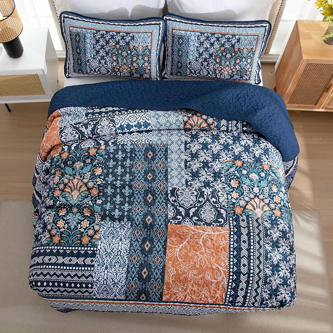 WONGS BEDDING Navy Blue Quilt Set King Size, Bohemian Patchwork Bedspread - Image 4