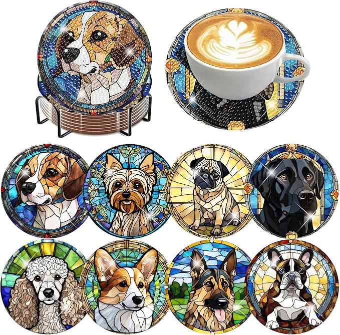 8 Pack Diamond Art Coasters, Dog Animal Diamond Painting Coasters Kits | Dog by Zythron