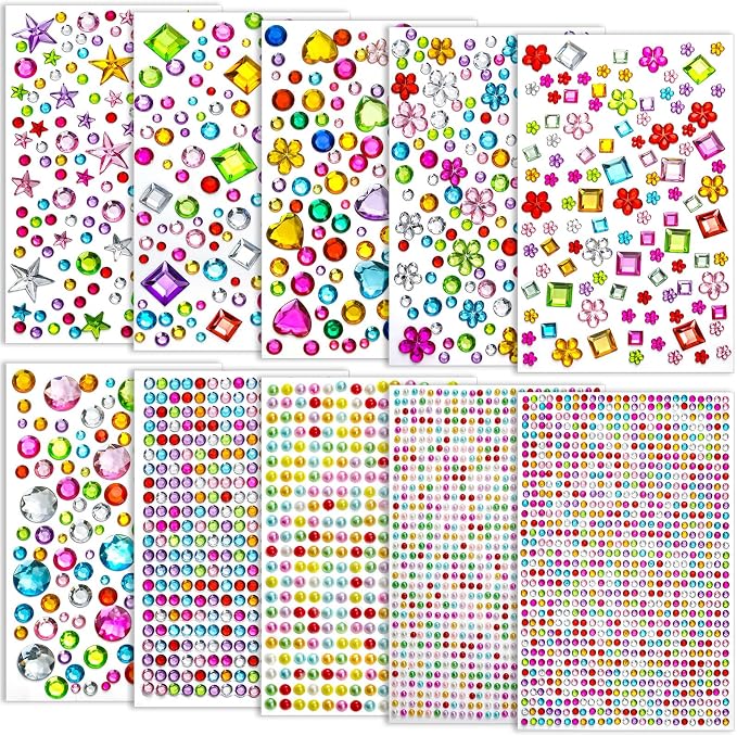 Lezmarket Gems Stickers for Kids Crafts, 10 Sheets Self-Adhesive Jewels by Lezmarket