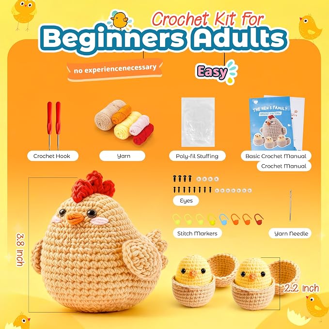 Joyclub Crochet Kit for Beginners 4 Pcs Chicken Family Amigurumi Crochet - Image 3
