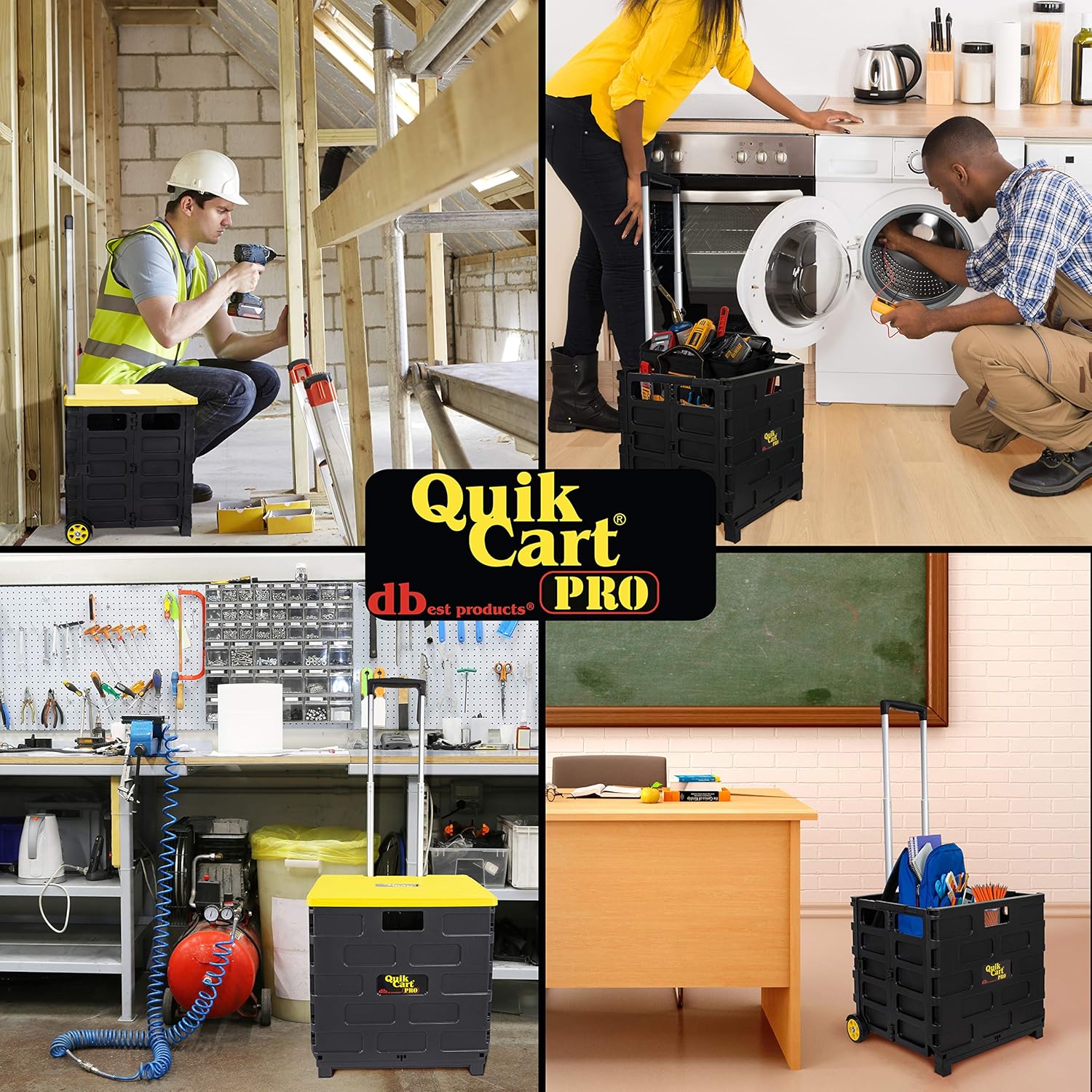 dbest products Quik Cart Pro Wheeled Rolling Crate Teacher Utility with seat Heavy Duty Collapsible Basket with Handle, Yellow