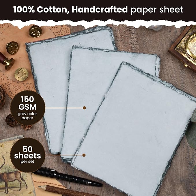 LEATHER VILLAGE Grey Deckled Edge Handmade Watercolor Paper 12x16 | 50 Sheets - Image 2