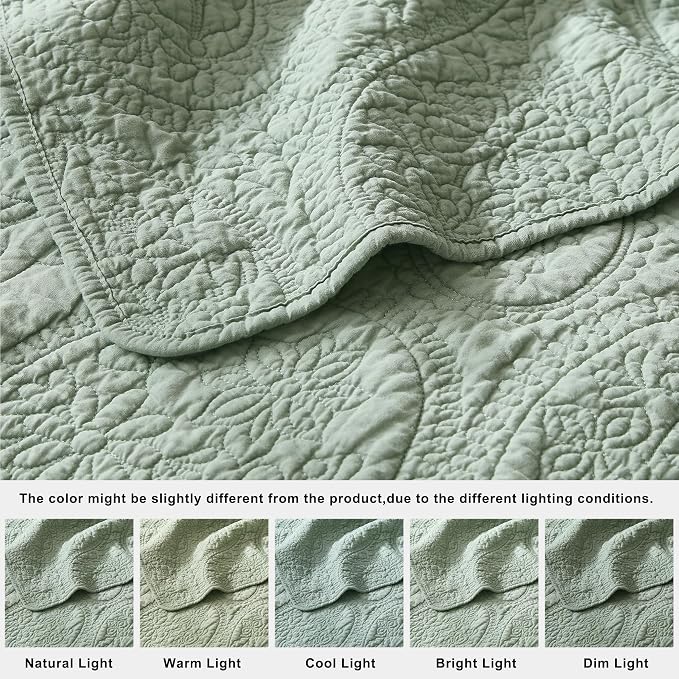 PALASSIO Sage Green Paisley 100% Cotton Quilt King Size Bedding Sets - Image 6