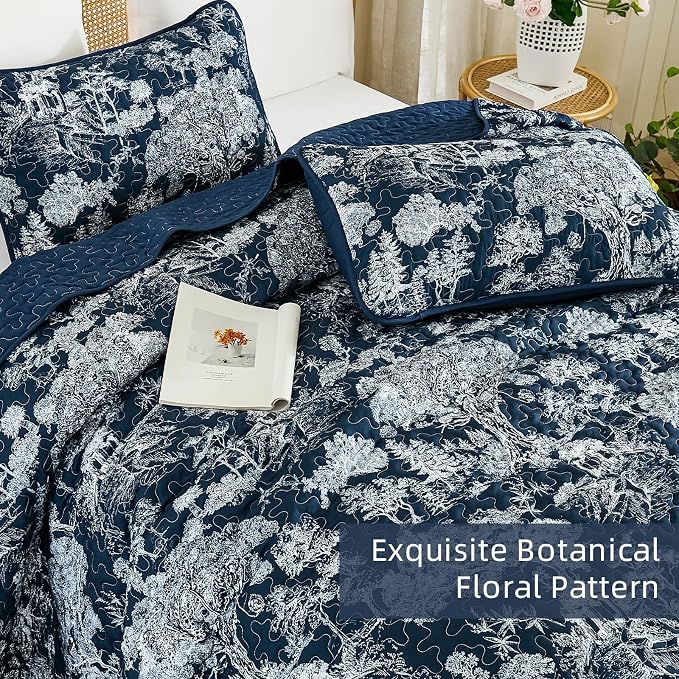 WONGS BEDDING Quilt Set King Size, 3 Pieces Navy Blue Botanical Floral Printed - Image 3