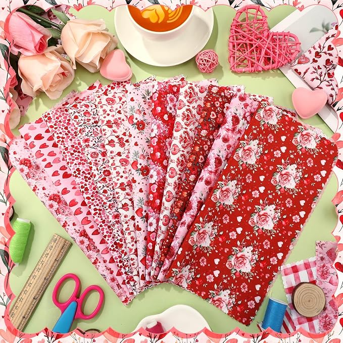 HunnmingRe 20 Pcs 10''x10'' Red Pink Floral Quilting Fabric Square Bundle Roses - Image 4