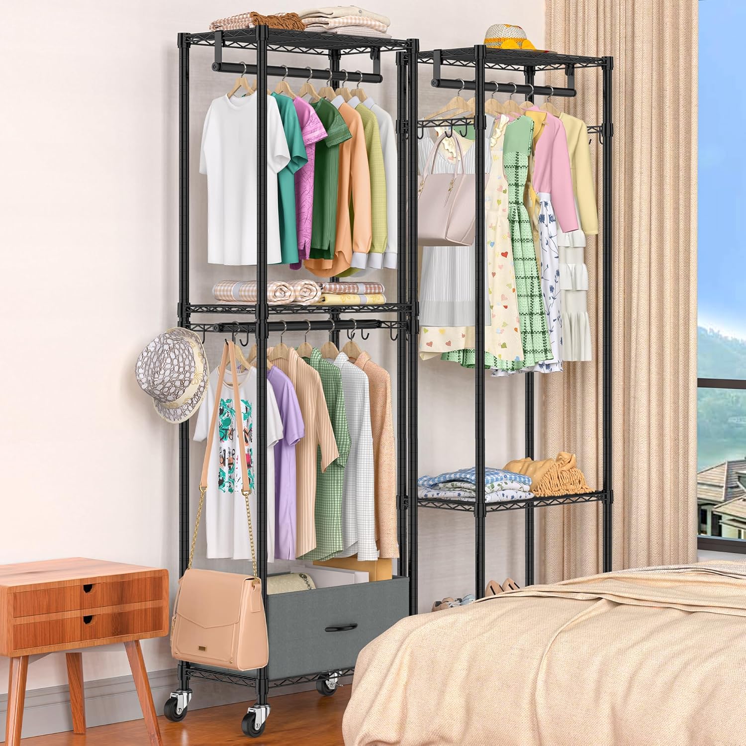 Clothes Rack with Drawers, Freestanding Rolling Garment Rack for Hanging Clothes, Closet Organizer Adjustable Metal Wire Shelving Wardrobe with Rods Portable Closet Shelf with Wheels, Black
