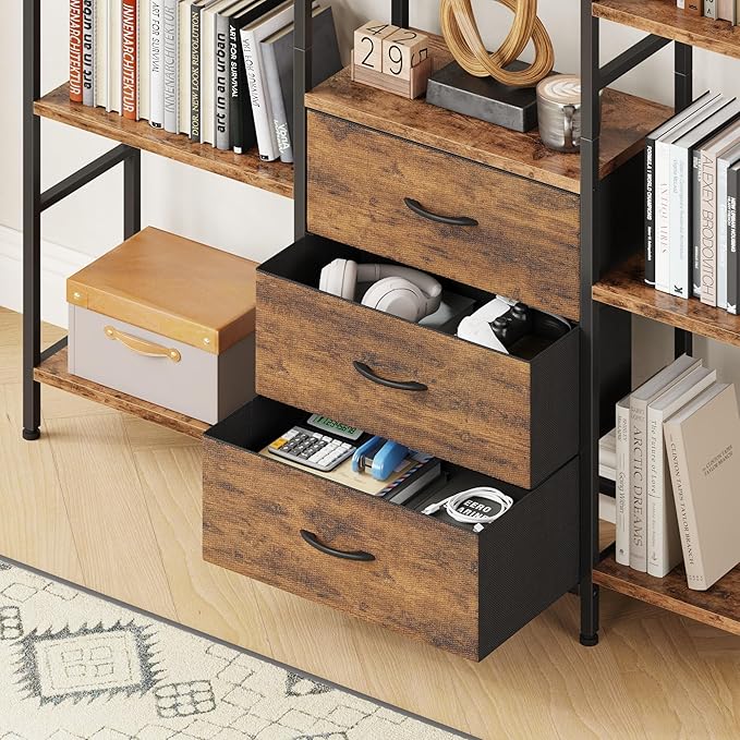 AFLUI Triple Bookshelf with 3 Fabric Drawers, 5-Tier Book Shelf and 10 Display - Image 3