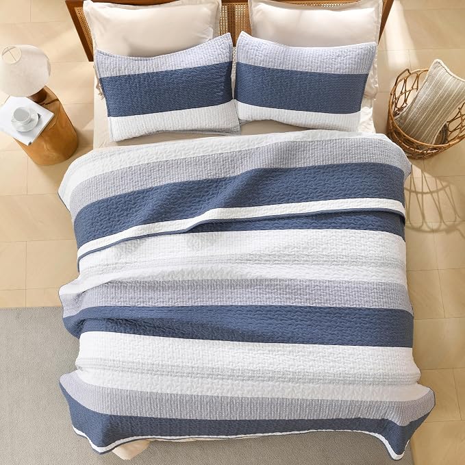 Litanika Quilt Queen Size Mineral Blue, Stripe Patchwork Summer Bedspread - Image 3