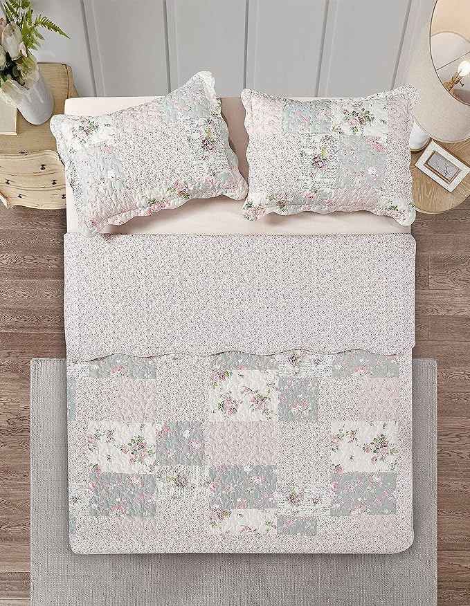 Brilliant Sunshine Rose and Sage Quilt Set, 3-Piece Bedding Sets, Traditional - Image 4