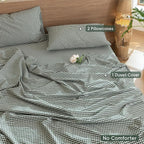 MooMee Gingham Duvet Cover Set 100% Washed Cotton Linen Like Textured - Image 2