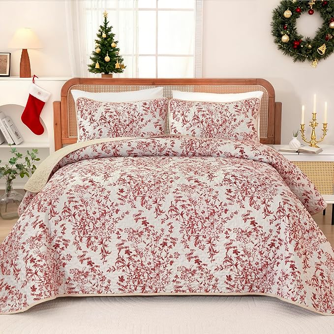 WONGS BEDDING Quilt Queen Size, Christmas Red Quilt Bedding Set by WONGSBEDDING