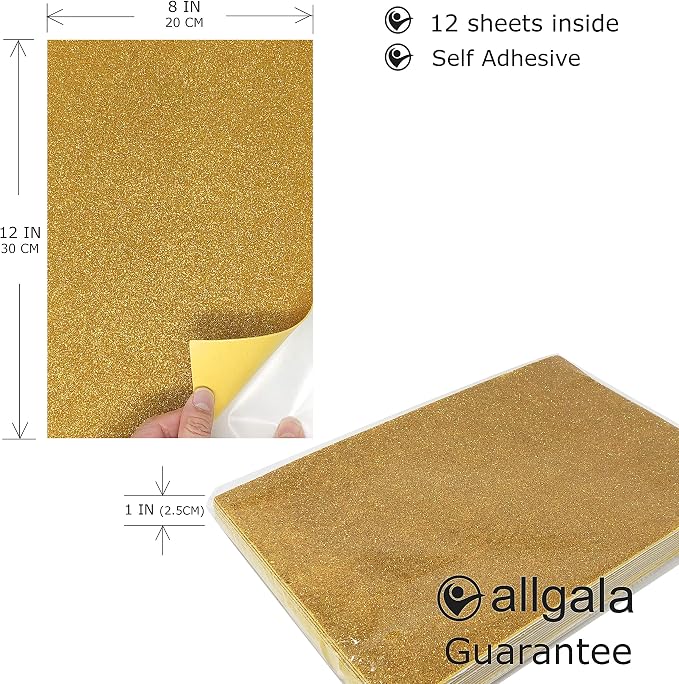 allgala 12 Pack Self-Adhesive Glitter EVA Foam Paper 8 x 12inch Sheets-Gold - Image 2
