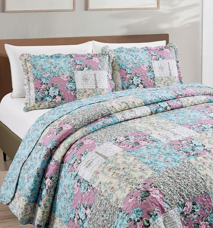 Brilliant Sunshine Lilac Rose Toile Quilt Set, 3-Piece Bedding Sets, - Image 3