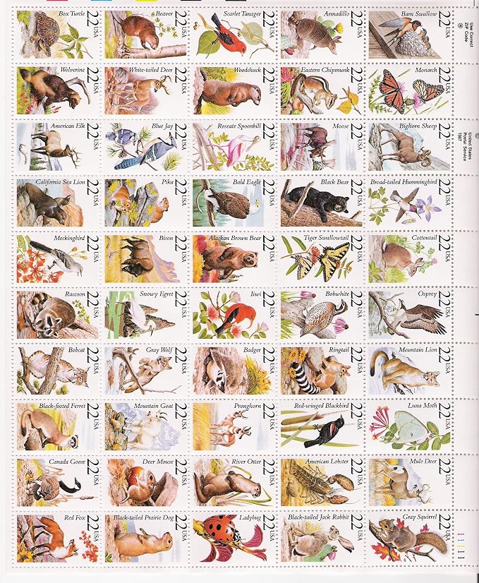 North American Wildlife Complete Sheet of 50 x 22 Cents Stamps 2286-2335 by USPS by United+States+Postal+Service