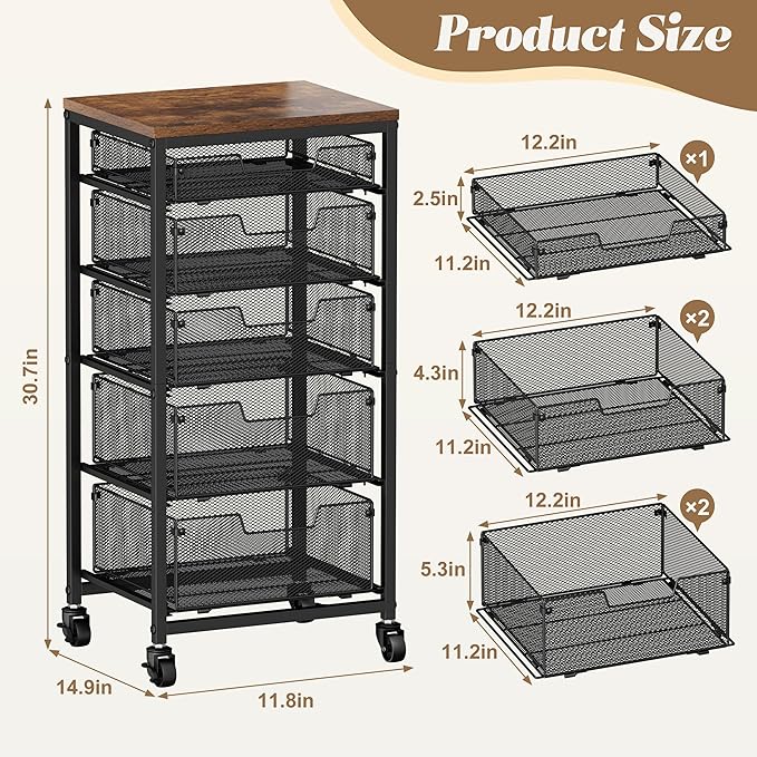 Rolling Cart with Drawers, 5-Drawer Storage Cart on Wheels with Vintage Wooden - Image 2